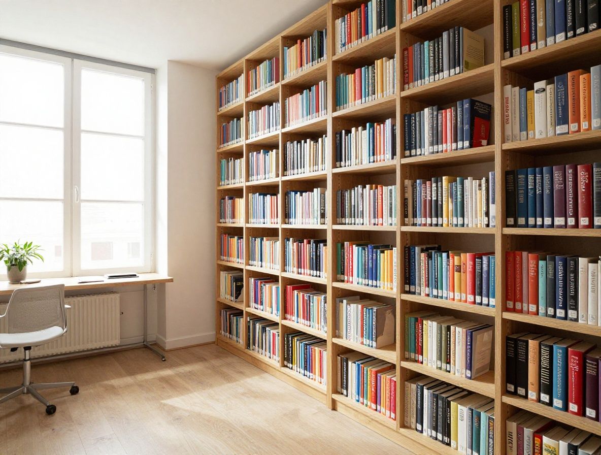 Interiér moderní vědecké knihovny s vysokými regály plnými knih, studené denní světlo skrze velká okna, prázdné čisté stoly, klidná atmosféra