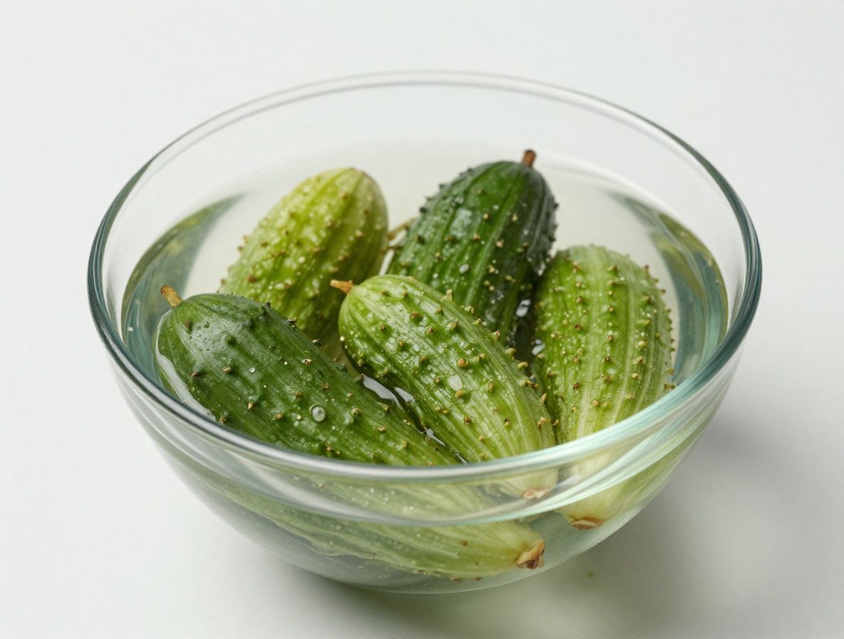 Průhledný skleněný pohár s čistou vodou a plátky okurky na pozadí zeleného listí, studené denní světlo