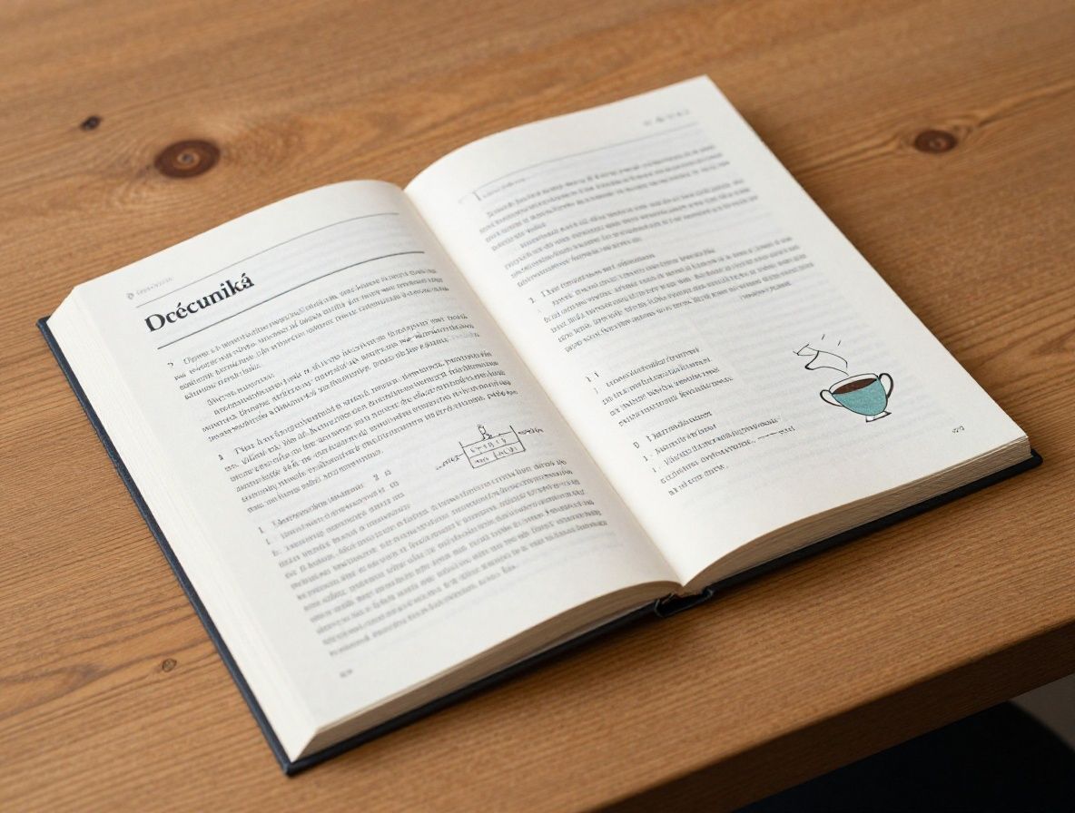 Otevřená vědecká kniha s diagramy a poznámkami vedle šálku kávy na čistém dřevěném pracovním stole, studené přirozené světlo