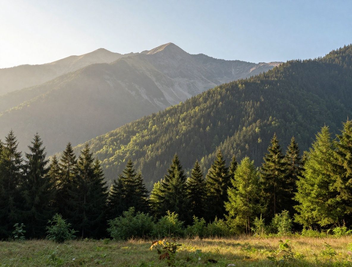 Panoramatický záběr klidné přírodní krajiny s mlhou nad horami a zelenými poli při svítání, klidná a inspirativní atmosféra